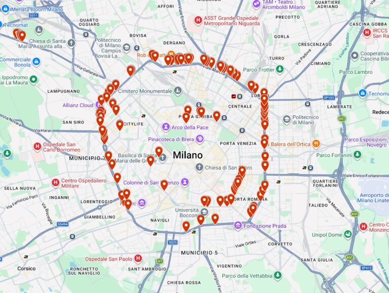 Mappa spazi affissione Wayap su pali luce Milano centro
